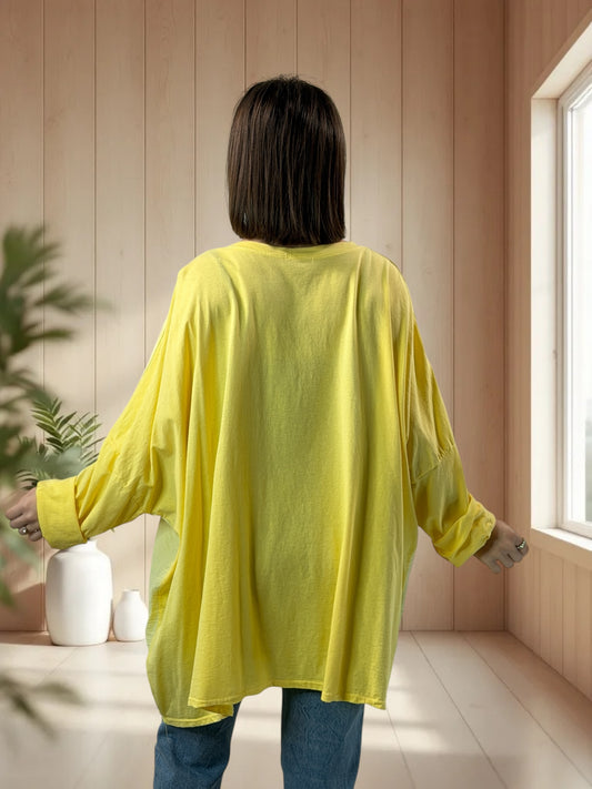 ROSALIE - TOP JAUNE BI-MATIERE OVERSIZE JUSQU'A LA TAILLE 58/60