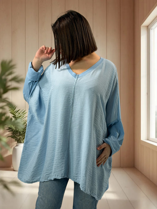 ROSALIE - TOP BLEU BI-MATIERE OVERSIZE JUSQU'A LA TAILLE 58/60