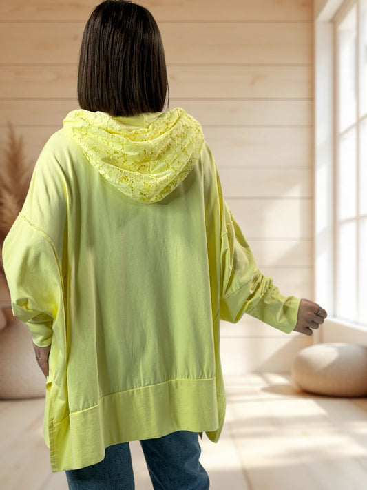CARACAS - TEE-SHIRT JAUNE OVERSIZE CAPUCHE EN DENTELLE JUSQU'A LA TAILLE 58