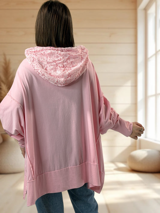 CARACAS - TEE-SHIRT ROSE OVERSIZE CAPUCHE EN DENTELLE JUSQU'A LA TAILLE 58