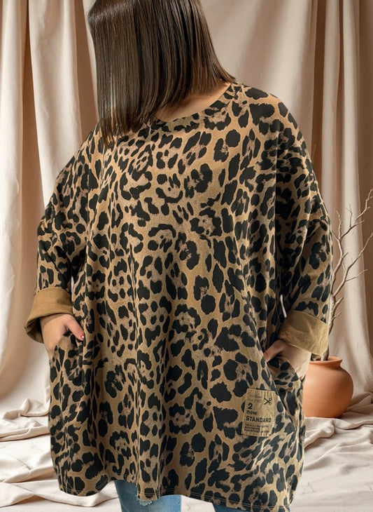 SAVANE - SWEAT OVERSIZE LEOPARD CAMEL JUSQU'A LA TAILLE 56/58