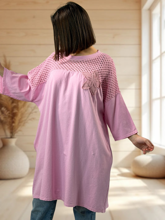 MARION - TUNIQUE ROSE EN COTON HAUT EN CROCHET JUSQU'A LA TAILLE 56