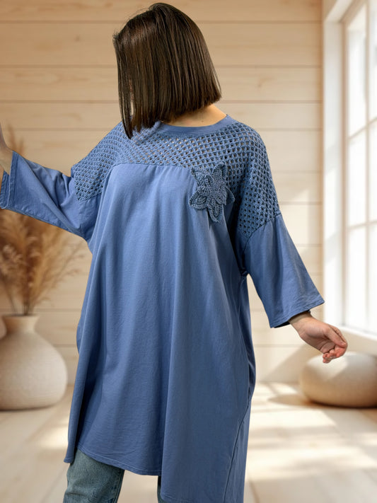MARION - TUNIQUE BLEUE JEAN EN COTON HAUT EN CROCHET JUSQU'A LA TAILLE 56
