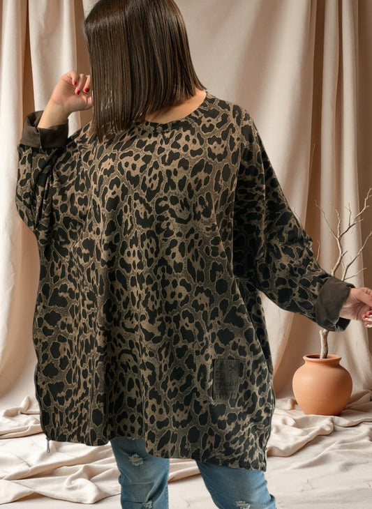 SAVANE - SWEAT OVERSIZE LEOPARD MARRON JUSQU'A LA TAILLE 56/58