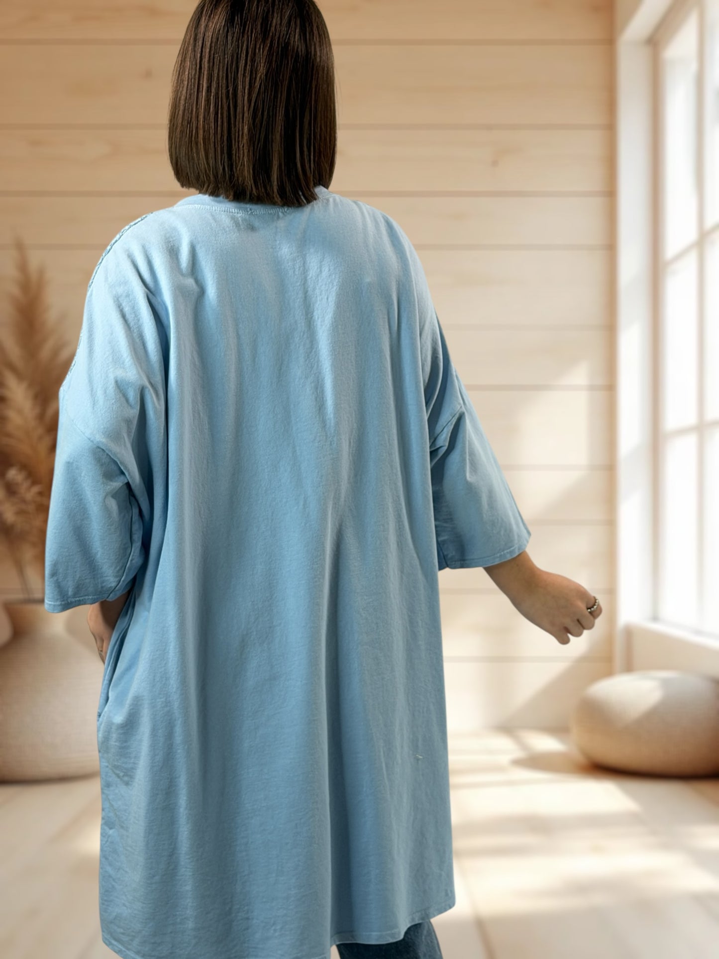 MARION - TUNIQUE BLEUE CIEL EN COTON HAUT EN CROCHET JUSQU'A LA TAILLE 56