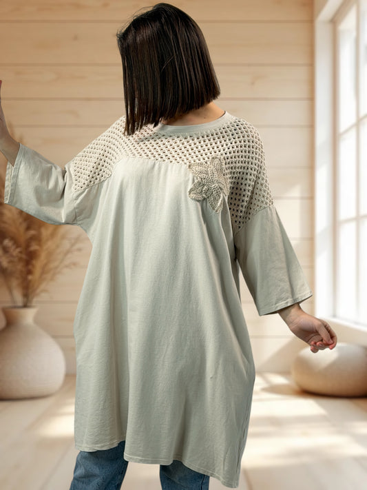 MARION - TUNIQUE BEIGE EN COTON HAUT EN CROCHET JUSQU'A LA TAILLE 56