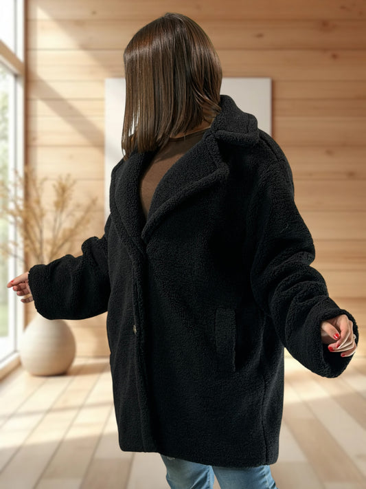MEGEVE - VESTE NOIRE OVERSIZE EN MOUMOUTE JUSQU'A LA TAILLE 52