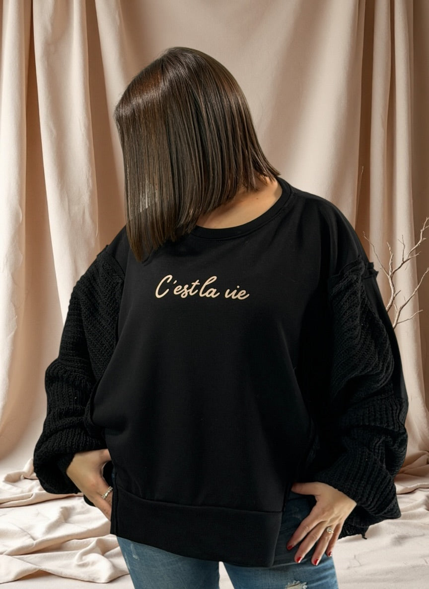 PABLO - SWEAT OVERSIZE BI-MATIERE NOIR JUSQU'A LA TAILLE 52/54