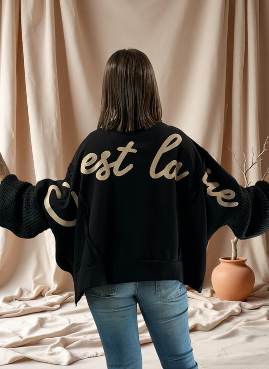 PABLO - SWEAT OVERSIZE BI-MATIERE NOIR JUSQU'A LA TAILLE 52/54