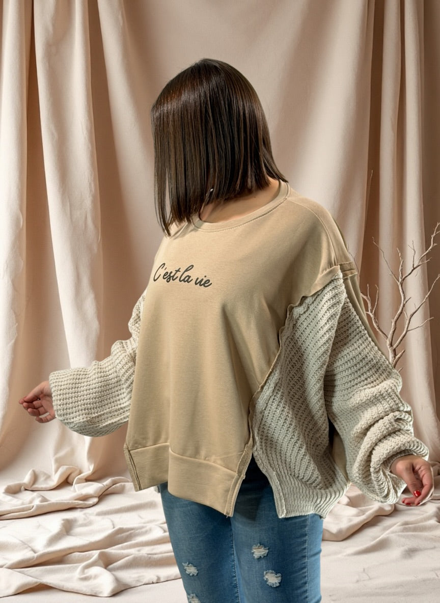 PABLO - SWEAT OVERSIZE BI-MATIERE BEIGE JUSQU'A LA TAILLE 52/54