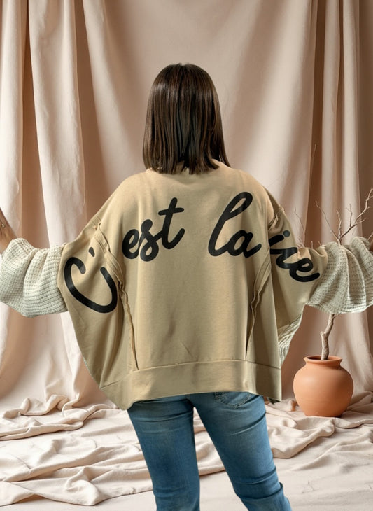 PABLO - SWEAT OVERSIZE BI-MATIERE BEIGE JUSQU'A LA TAILLE 52/54