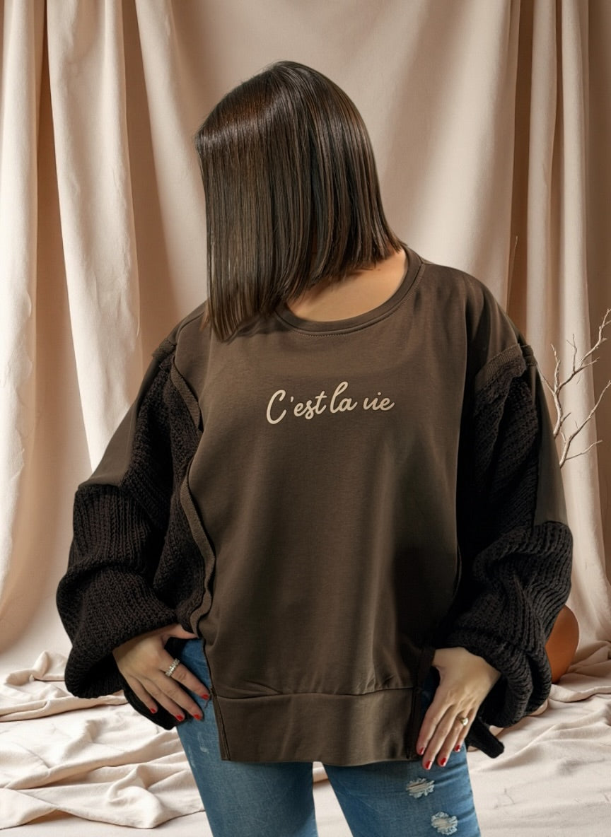 PABLO - SWEAT OVERSIZE BI-MATIERE MARRON JUSQU'A LA TAILLE 52/54