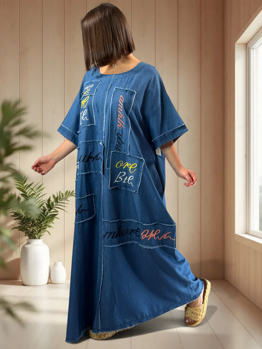 LAURETTA - ROBE LONGUE OVERSIZE EN TENCELL BRODEE JUSQU'A LA TAILLE 56