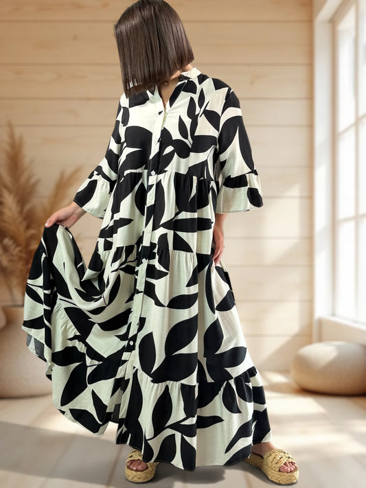 CARLA - ROBE LONGUE MOTIF NOIR JUSQU'A LA TAILLE 48