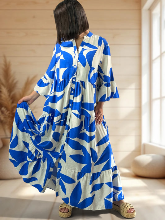 CARLA - ROBE LONGUE MOTIF BLEU JUSQU'A LA TAILLE 48