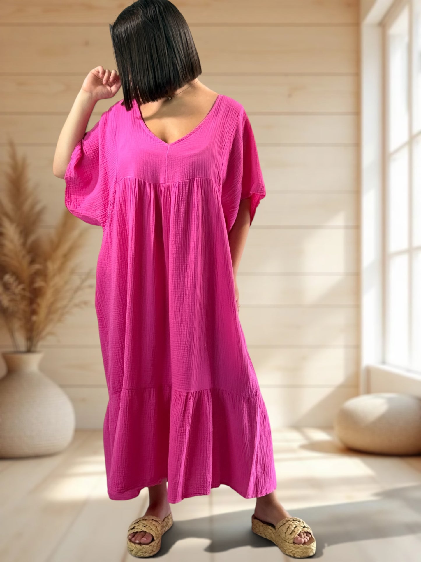 LAURETTE - ROBE LONGUE FUCHSIA EN GAZE DE COTON JUSQU'A LA TAILLE 54