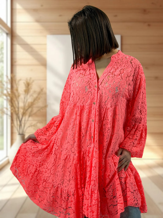 MANON - TUNIQUE CORAIL EN DENTELLE JUSQU'A LA TAILLE 48/50