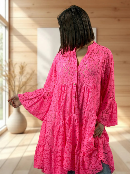 MANON - TUNIQUE FUCHSIA EN DENTELLE JUSQU'A LA TAILLE 48/50