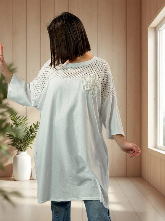 MARION - TUNIQUE BLANCHE EN COTON HAUT EN CROCHET JUSQU'A LA TAILLE 56