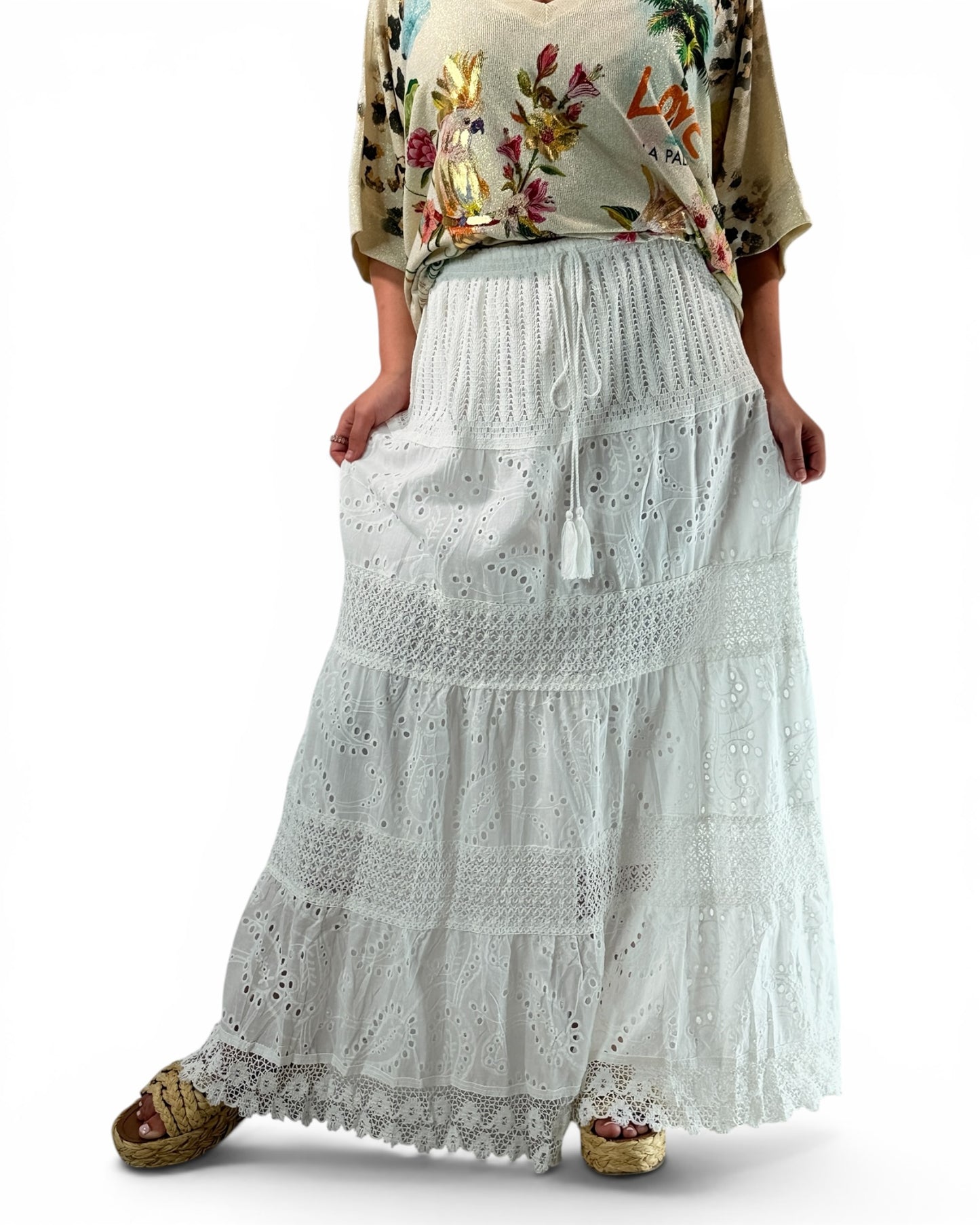 SUZY - JUPON BOHEME EN BRODERIE ANGLAISE BLANC JUSQU'A LA TAILLE 48/50