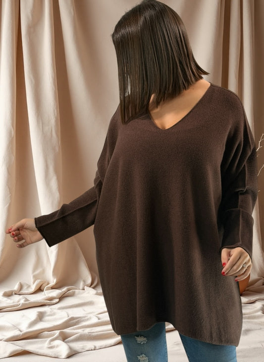 PAOLA - PULL OVERSIZE MARRON JUSQU'A LA TAILLE 54/56
