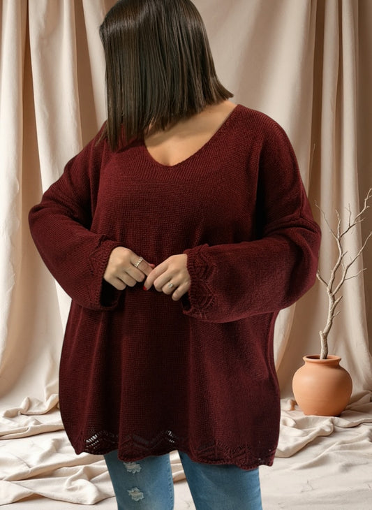 CLOCLO - PULL OVERSIZE BORDEAUX JUSQU'A LA TAILLE 54