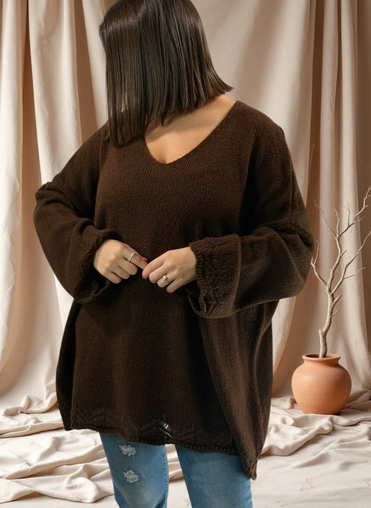 CLOCLO - PULL OVERSIZE MARRON JUSQU'A LA TAILLE 54
