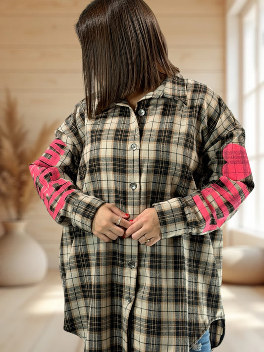 SAKURA - CHEMISE OVERSIZE ECOSSAISE NOIRE JUSQU'A LA TAILLE 52