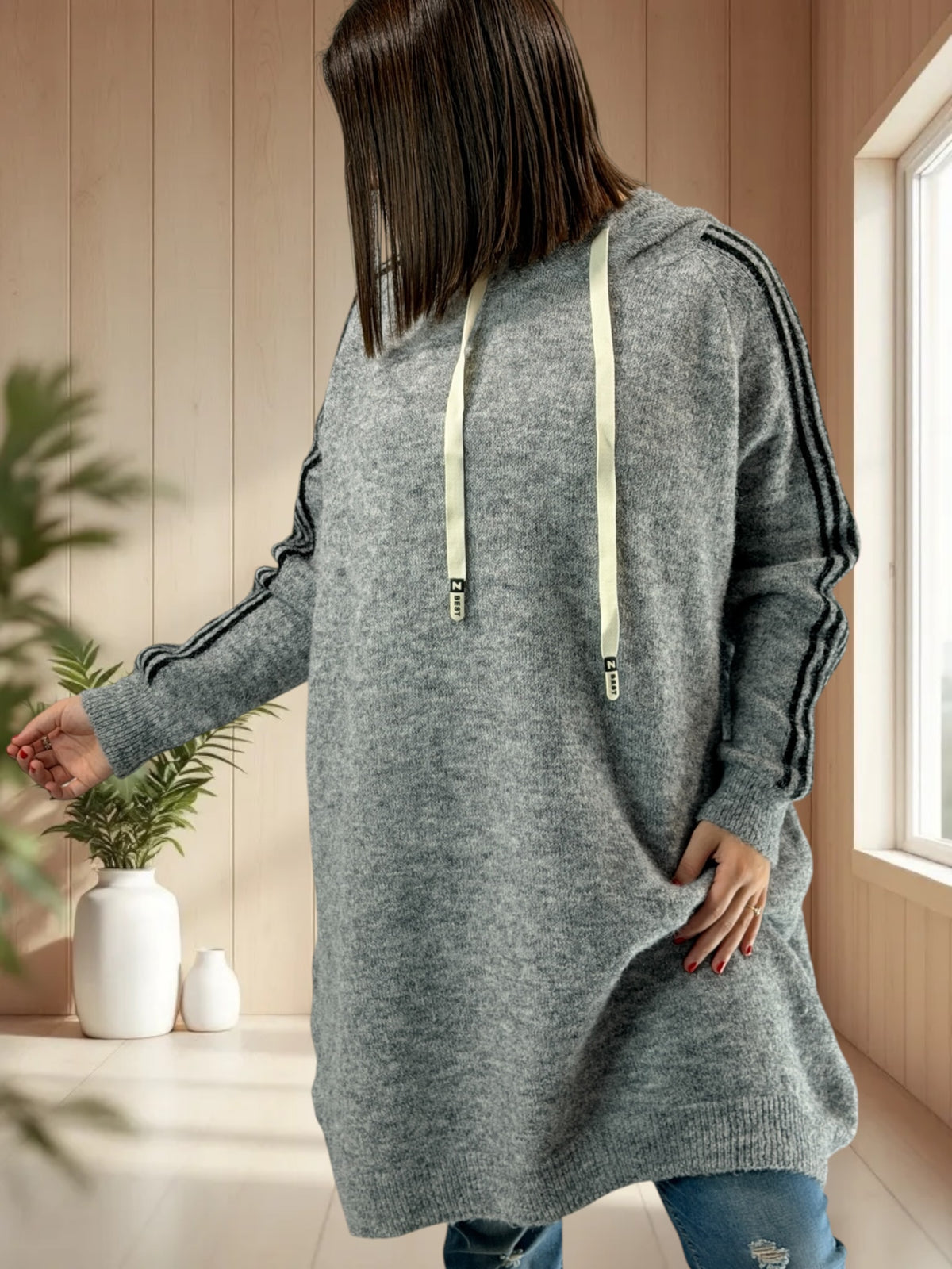 CRISTIANO - LONG PULL OVERSIZE GRIS A CAPUCHE JUSQU'A LA TAILLE 56