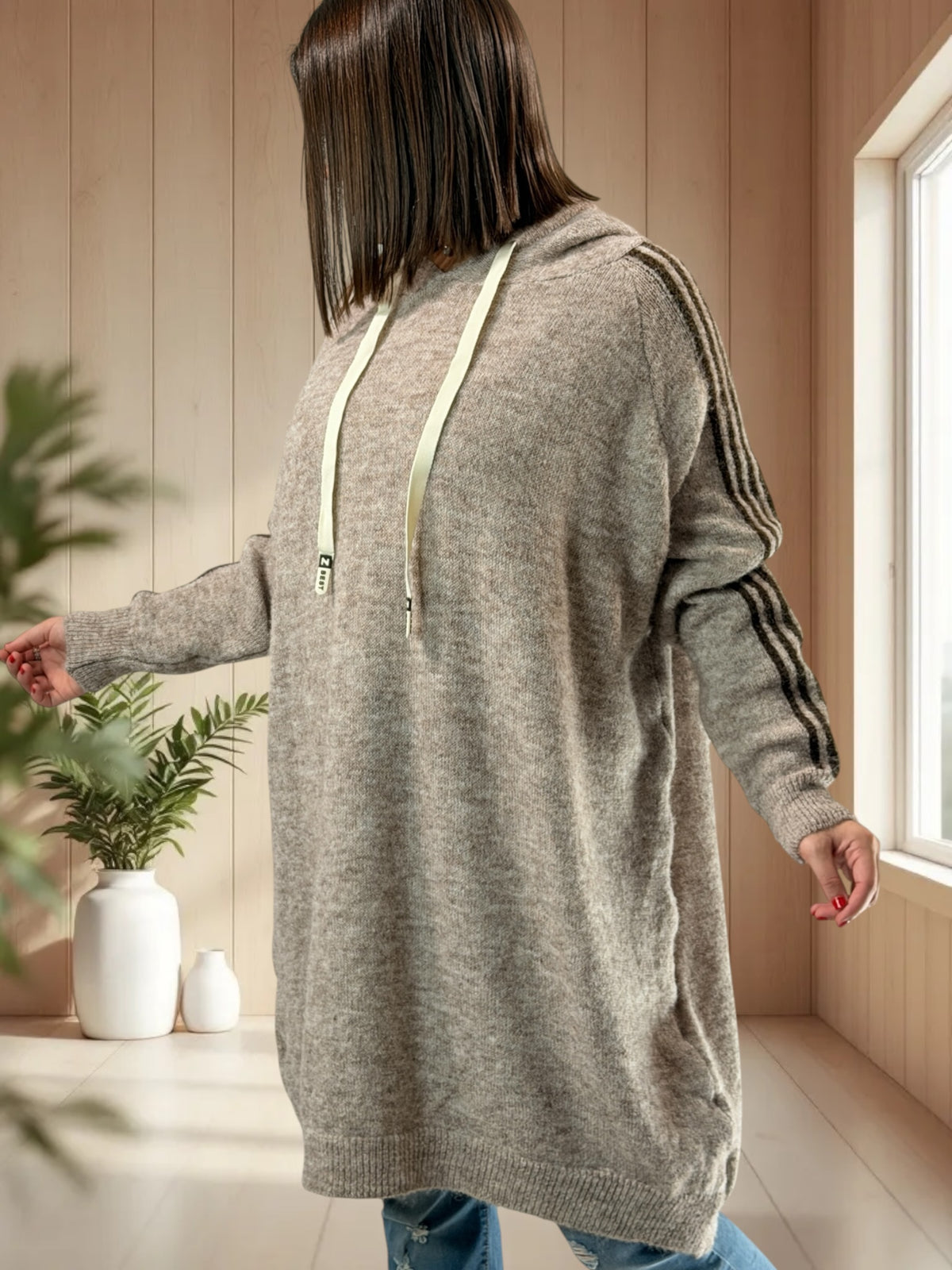 CRISTIANO - LONG PULL OVERSIZE BEIGE A CAPUCHE JUSQU'A LA TAILLE 56