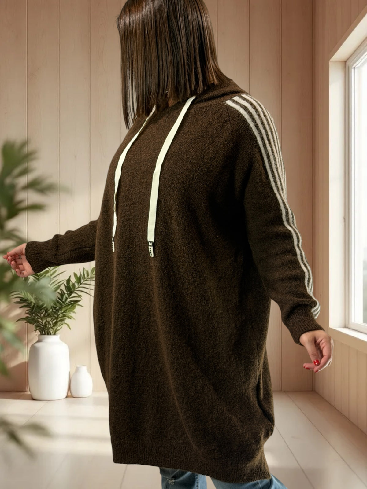 CRISTIANO - LONG PULL OVERSIZE MARRON A CAPUCHE JUSQU'A LA TAILLE 56