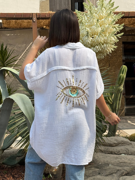 SANTORIN - TUNIQUE OVERSIZE BLANCHE MOTIF OEIL JUSQU'A LA TAILLE 52