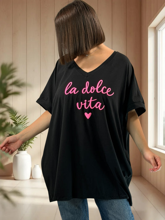 LA DOLCE VITA - T-SHIRT OVERSIZE NOIR JUSQU'A LA TAILLE 46/48 A 56/58