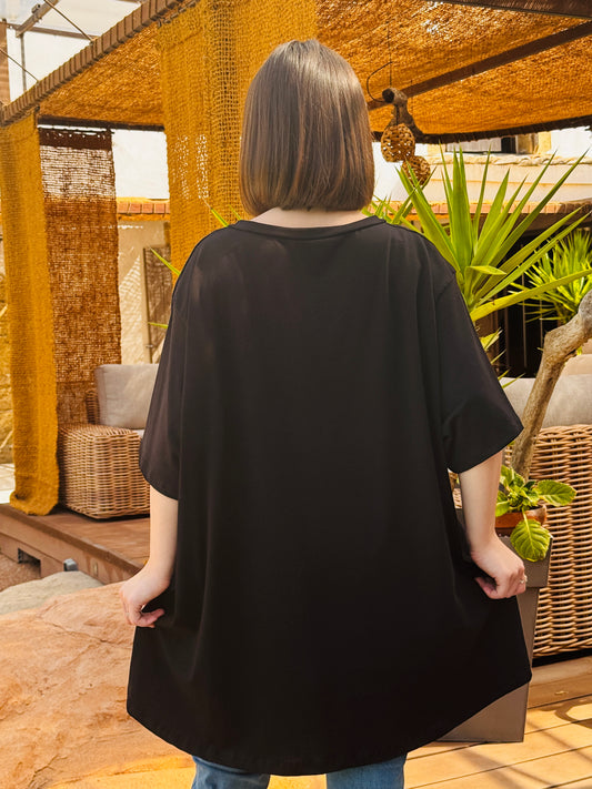BILLIE - T-SHIRT NOIR EN VISCOSE MOTIF CACTUS JUSQU'A LA TAILLE 56/58