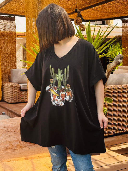 BILLIE - T-SHIRT NOIR EN VISCOSE MOTIF CACTUS JUSQU'A LA TAILLE 56/58