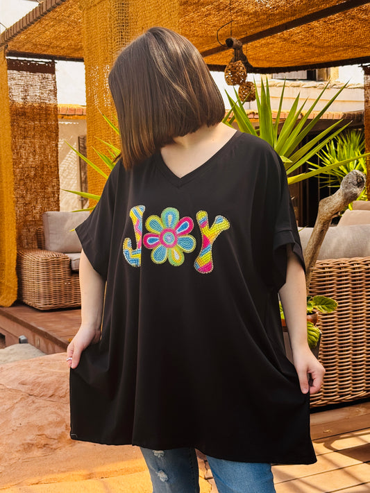 BILLIE - T-SHIRT NOIR EN VISCOSE MOTIF JOY JUSQU'A LA TAILLE 56/58