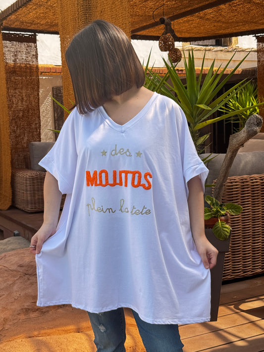 BILLIE - T-SHIRT BLANC EN VISCOSE MOTIF MOJITO JUSQU'A LA TAILLE 56/58