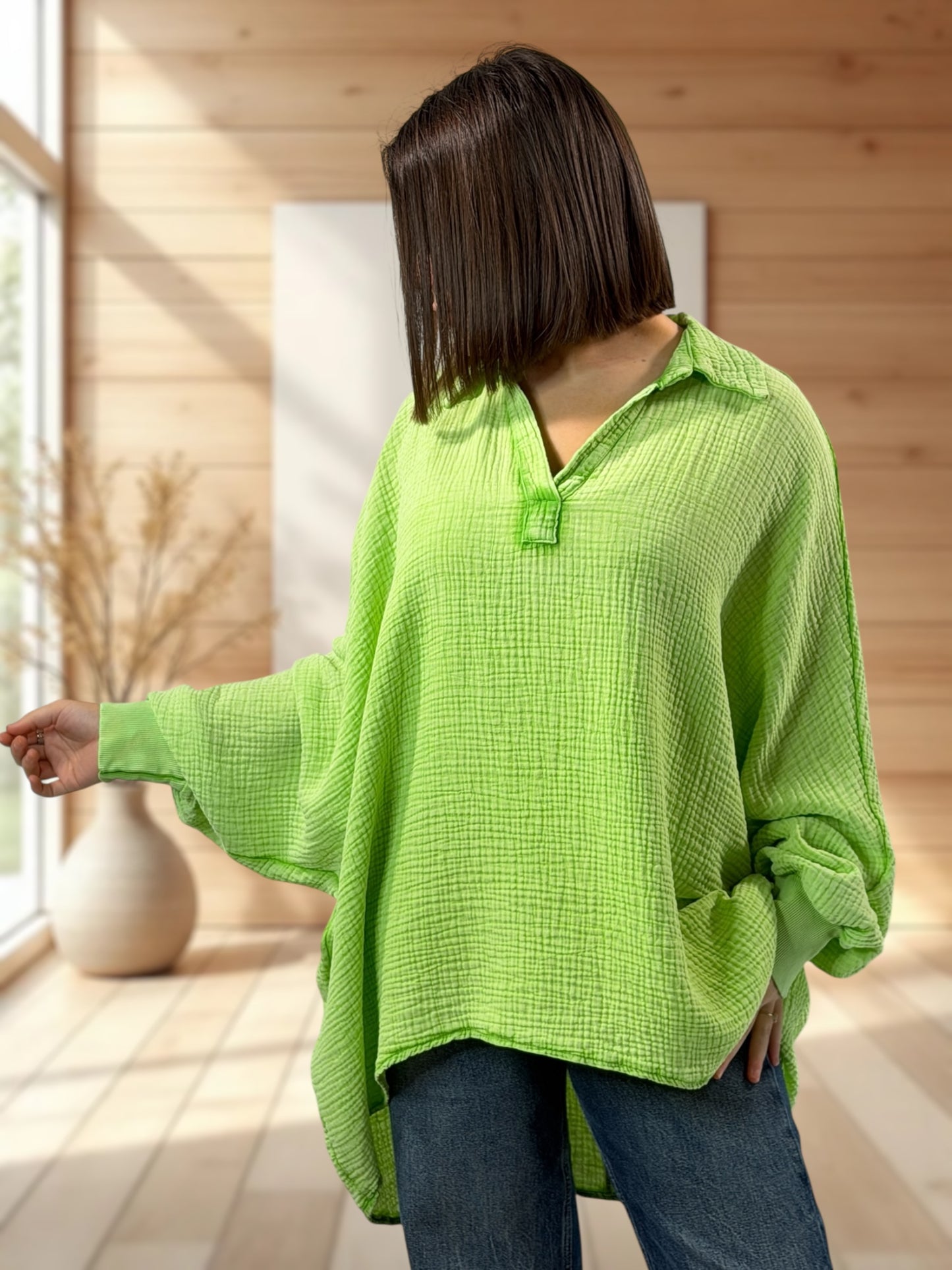 CELINE - TUNIQUE OVERSIZE VERT ANIS EN GAZE DE COTON JUSQU'A LA TAILLE 56