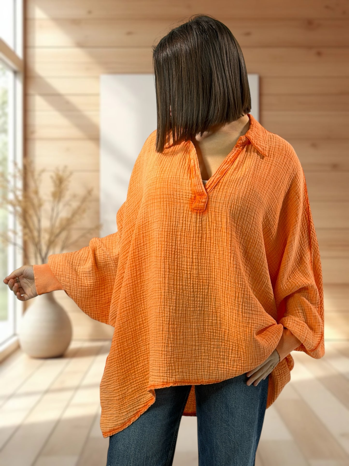 CELINE - TUNIQUE OVERSIZE ORANGE EN GAZE DE COTON JUSQU'A LA TAILLE 56