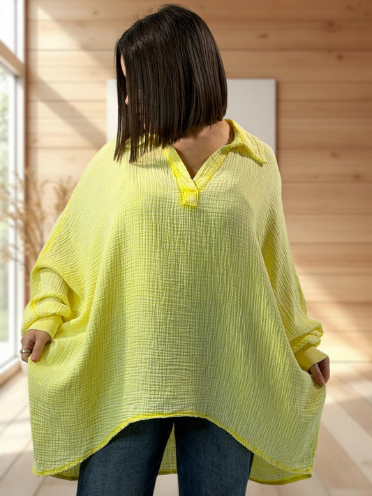 CELINE - TUNIQUE OVERSIZE JAUNE EN GAZE DE COTON JUSQU'A LA TAILLE 56