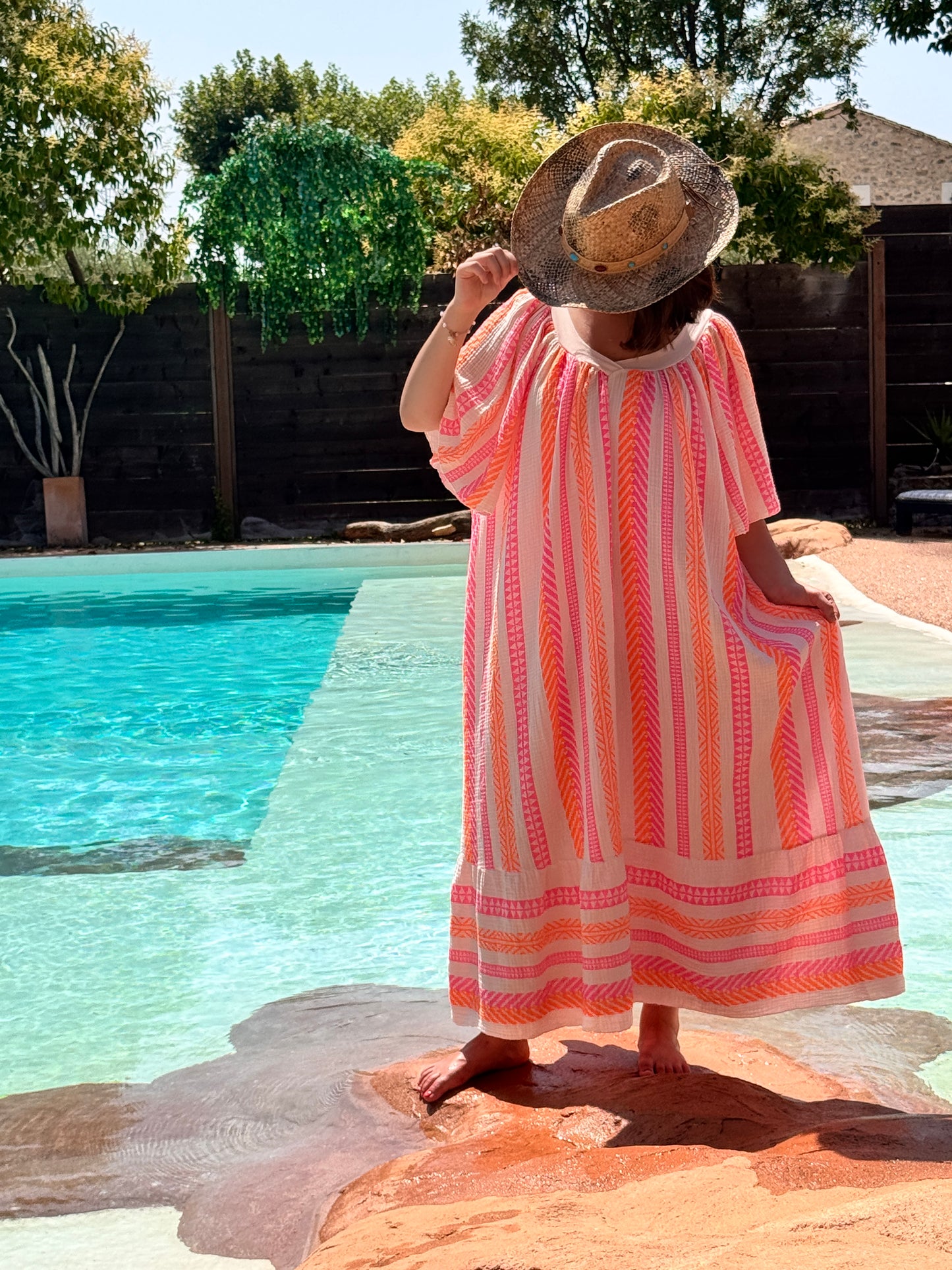 MELINA - ROBE MOTIF FUCHSIA ORANGE BOHEME JUSQU'A LA TAILLE 56