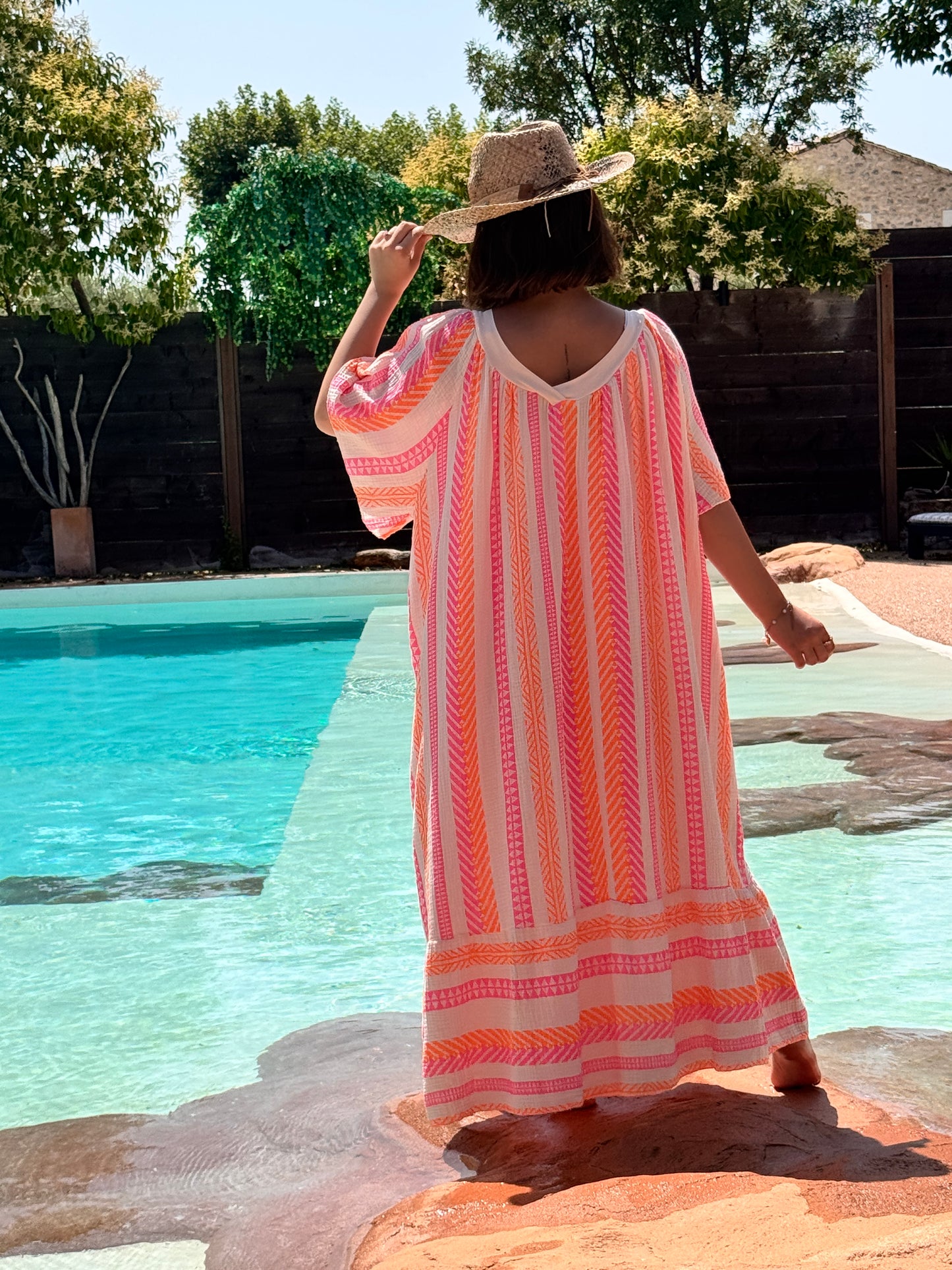 MELINA - ROBE MOTIF FUCHSIA ORANGE BOHEME JUSQU'A LA TAILLE 56