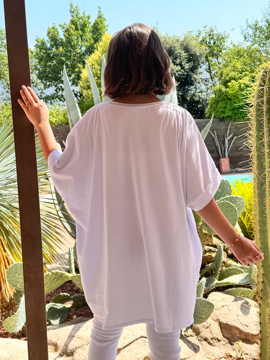BILLIE - T-SHIRT BLANC EN VISCOSE MOTIF IBIZA JUSQU'A LA TAILLE 56/58