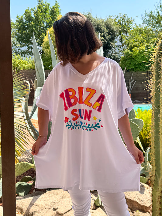 BILLIE - T-SHIRT BLANC EN VISCOSE MOTIF IBIZA JUSQU'A LA TAILLE 56/58