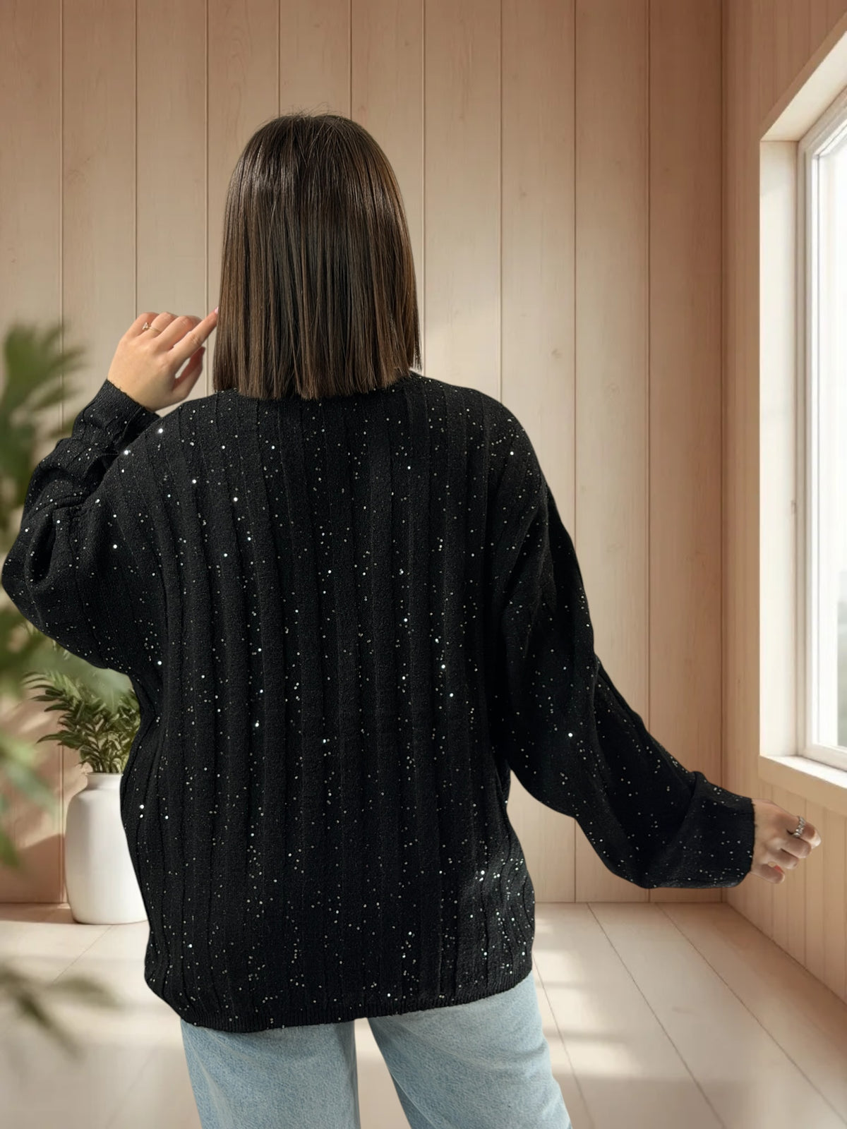 SERENA - PULL OVERSIZE NOIR AVEC SEQUINS JUSQU'A LA TAILLE 52/54