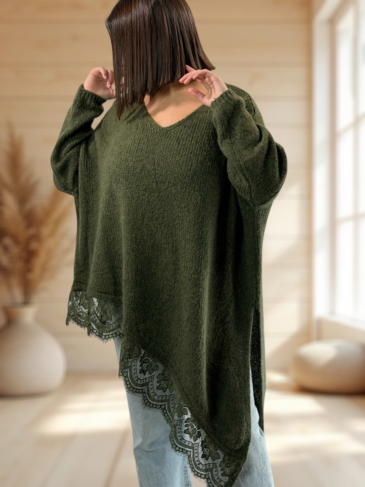 WENDY - PULL OVERSIZE KAKI AVEC DENTELLE JUSQU'A LA TAILLE 54/56