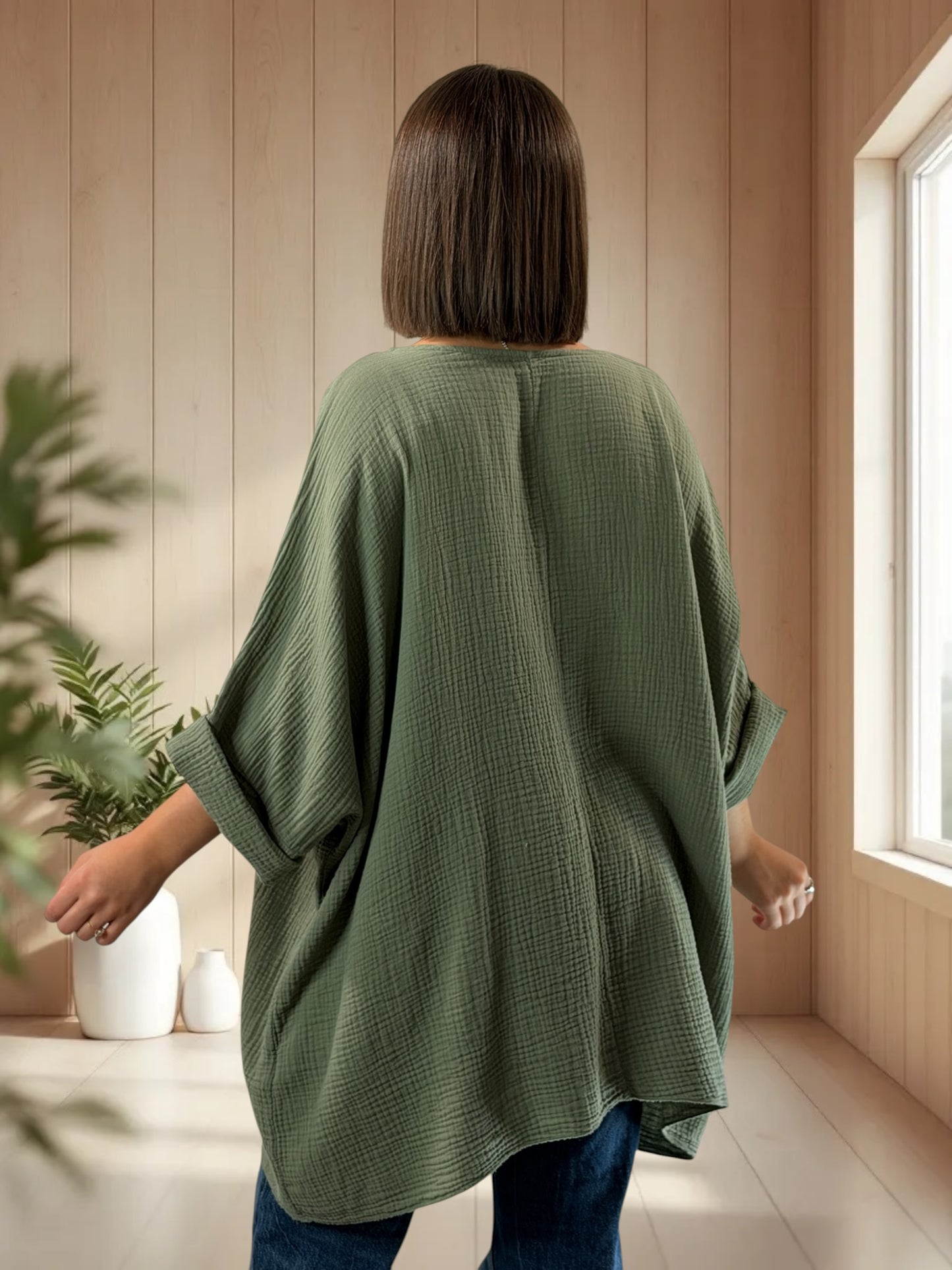 ANAIS - TUNIQUE OVERSIZE KAKI EN GAZE DE COTON JUSQU'A LA TAILLE 58