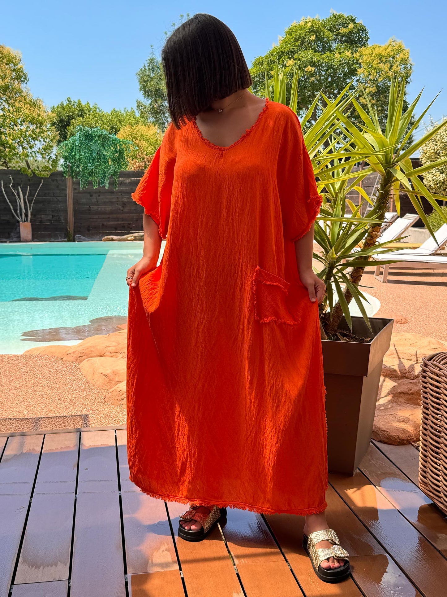 ABBY - ROBE OVERSIZE ORANGE 1 POCHE JUSQU'A LA TAILLE 54