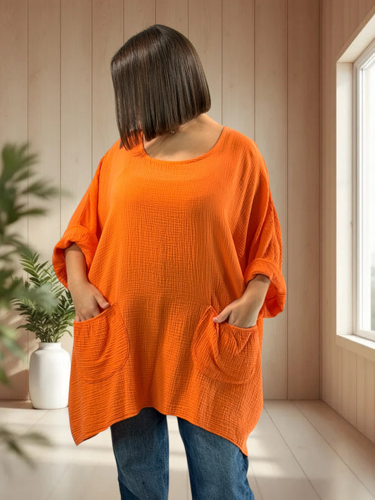 ANAIS - TUNIQUE OVERSIZE ORANGE EN GAZE DE COTON JUSQU'A LA TAILLE 58