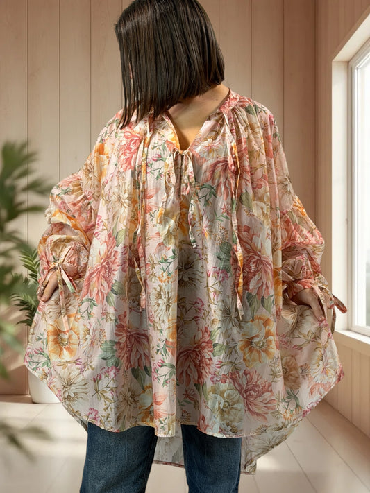VICTORINE - TUNIQUE OVERSIZE MOTIF ROSE JUSQU'A LA TAILLE 60